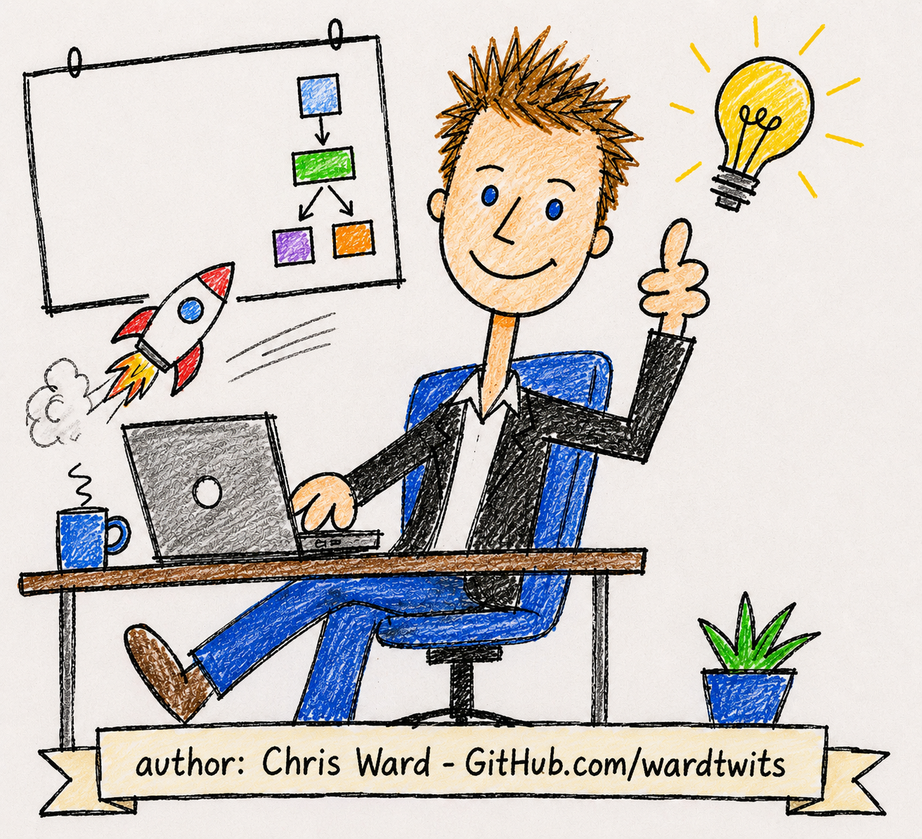Illustration of Chris Ward working at a desk with a laptop, rocket, flowchart, and lightbulb.