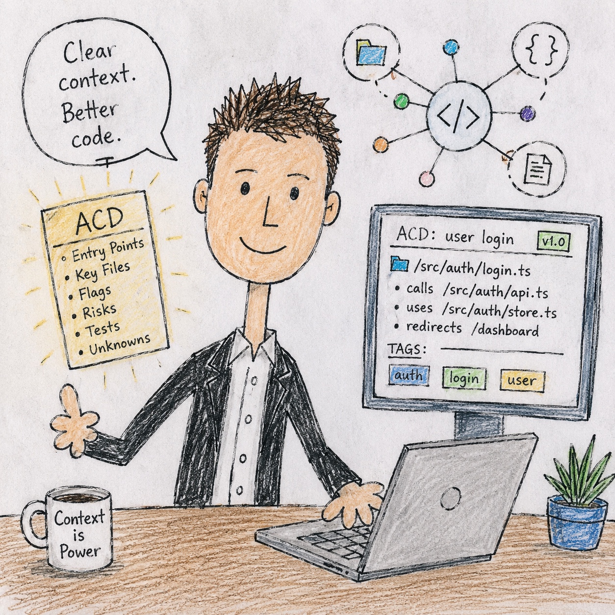 Hand-drawn illustration about Atomic Context Documentation and clearer code